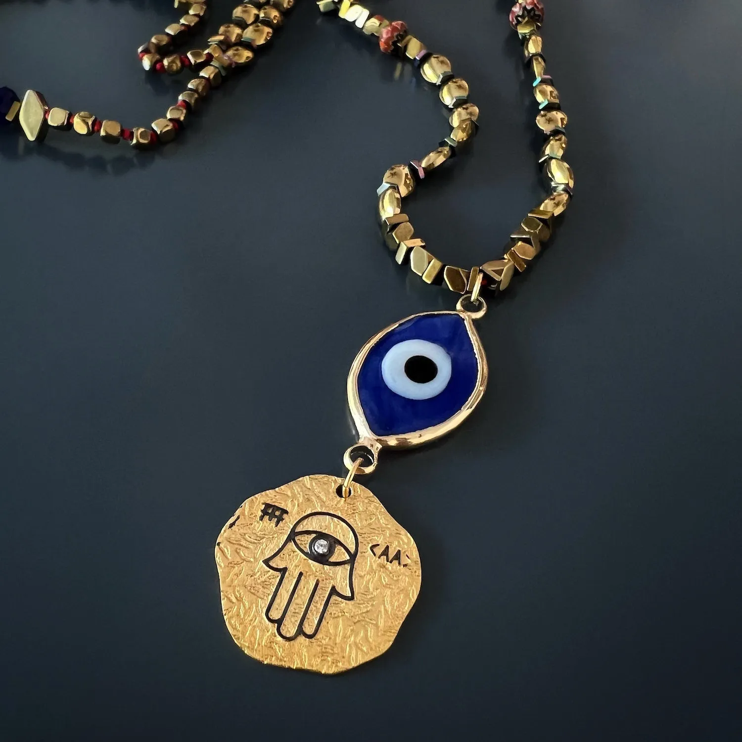 Ceramic Evil Eye Gold Hamsa Pendant Hematite Beaded Necklace