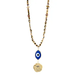 Ceramic Evil Eye Gold Hamsa Pendant Hematite Beaded Necklace