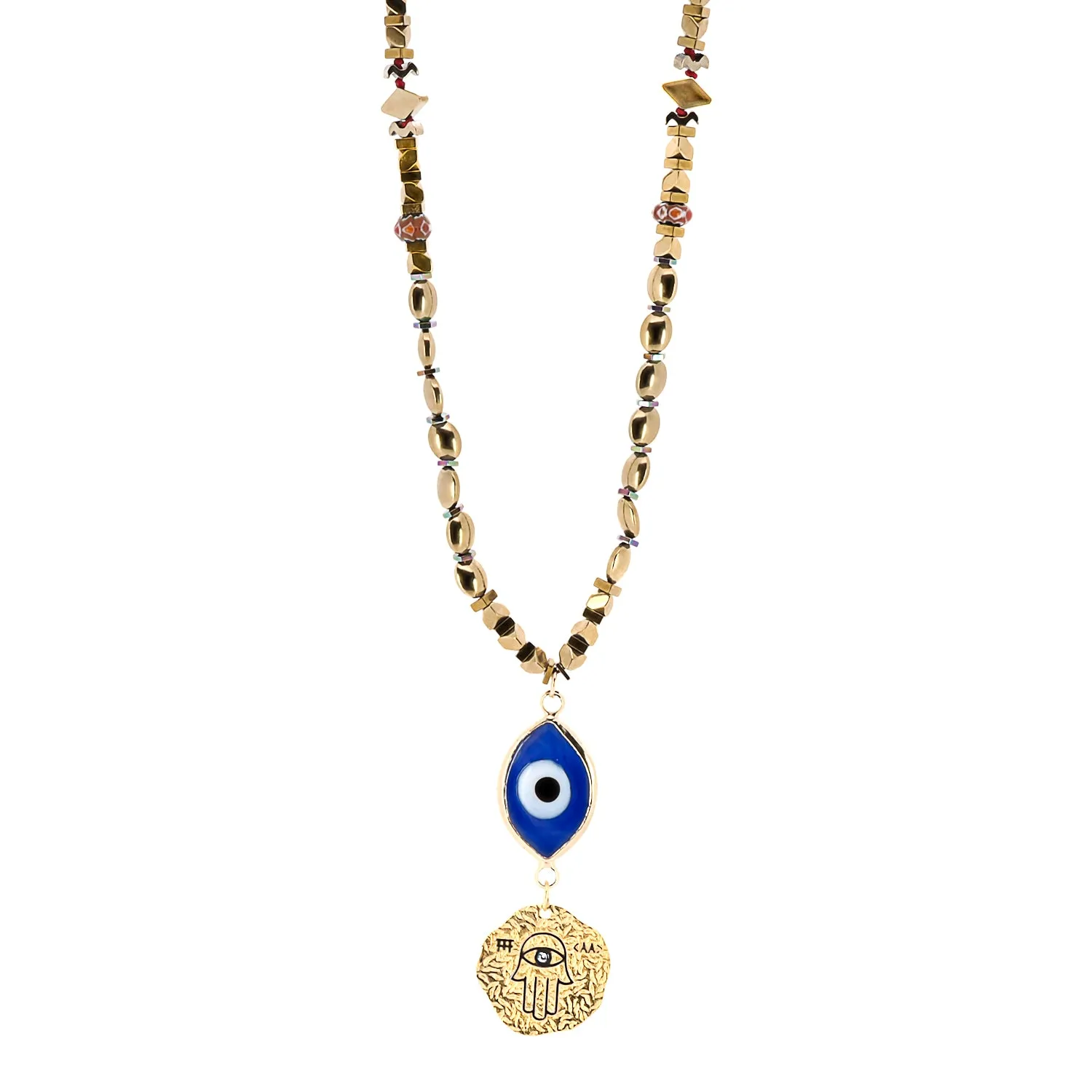 Ceramic Evil Eye Gold Hamsa Pendant Hematite Beaded Necklace
