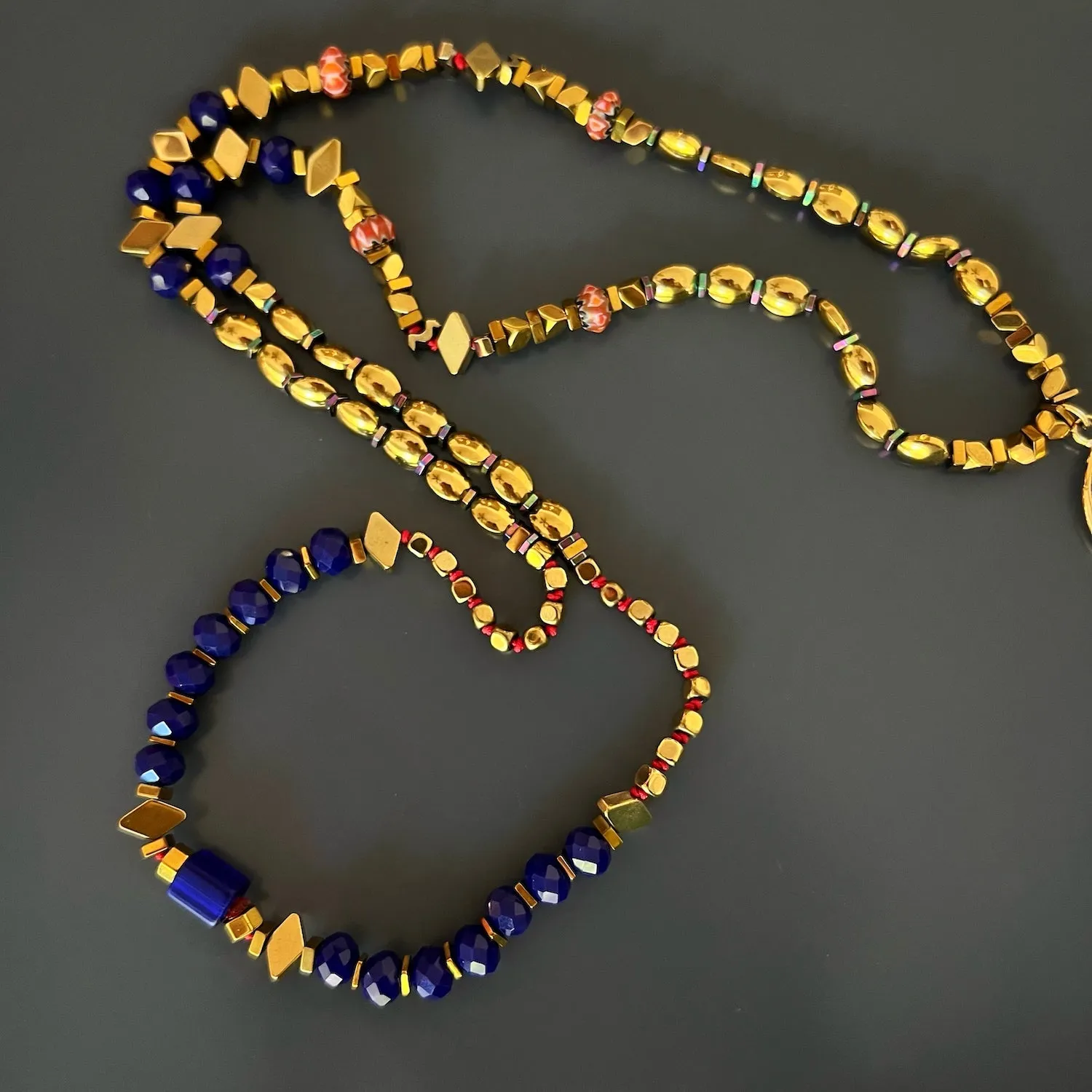 Ceramic Evil Eye Gold Hamsa Pendant Hematite Beaded Necklace