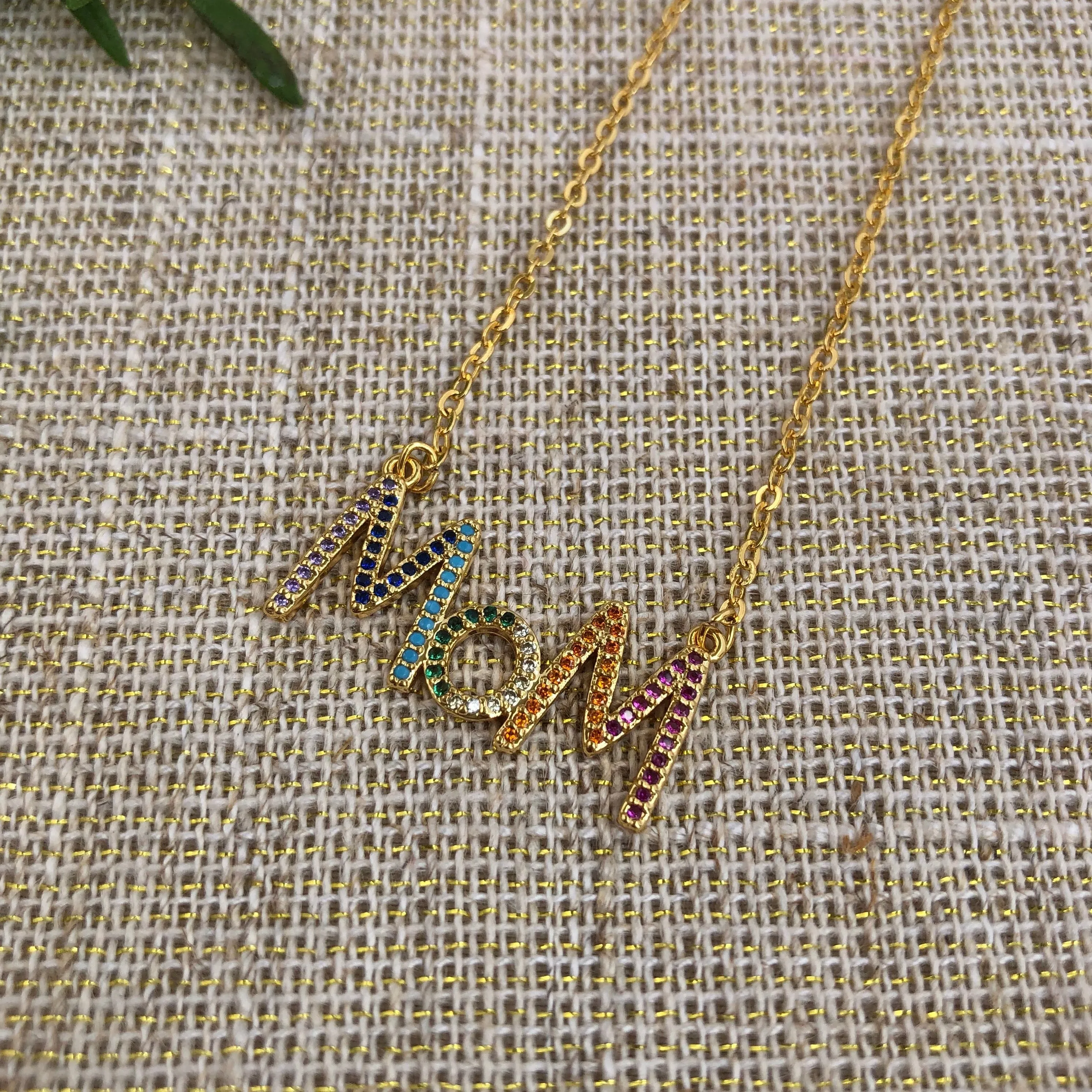 Chain with a multicolor cz pave embellished Mom necklace 311-9 | Erika Williner Designs