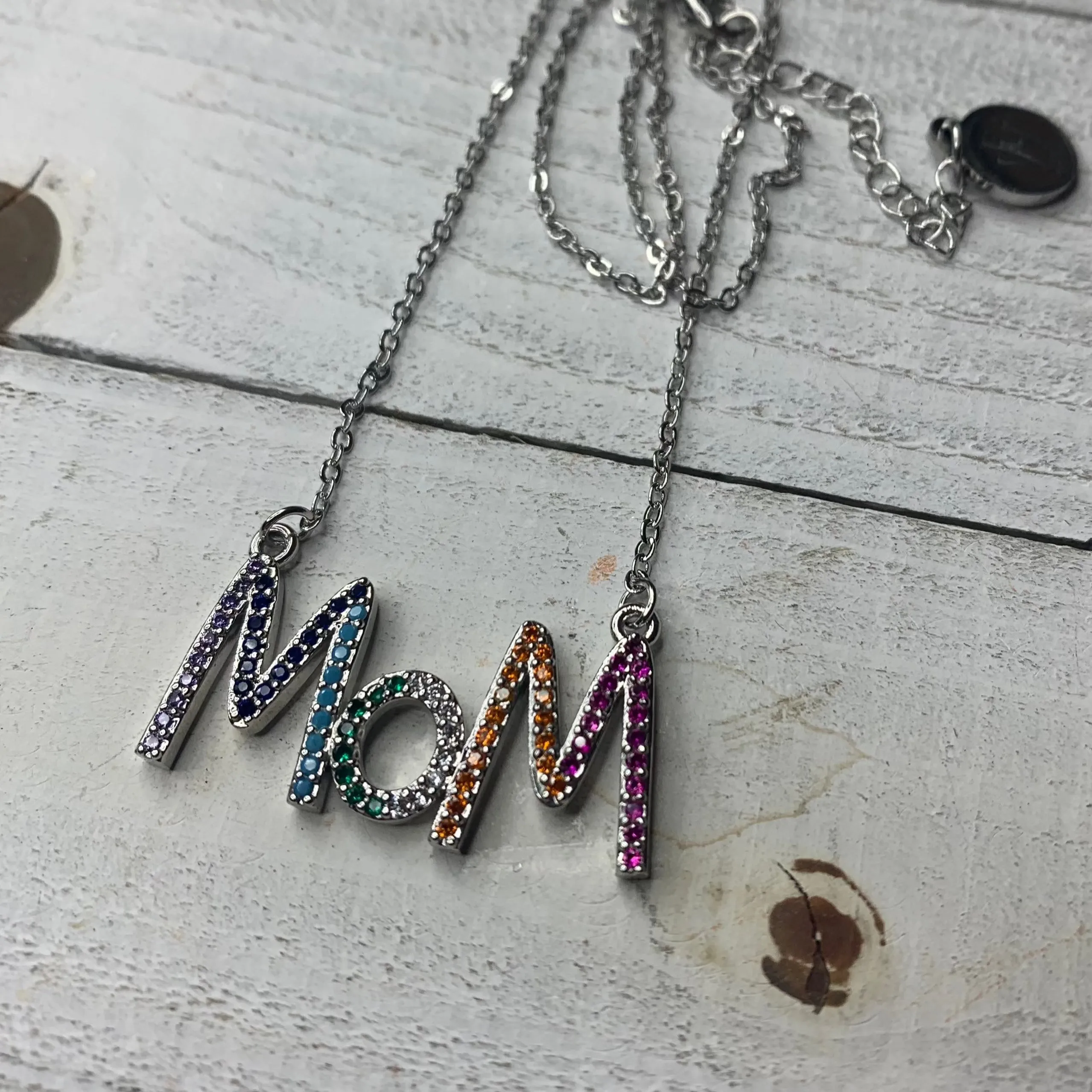 Chain with a multicolor cz pave embellished Mom necklace 311-9 | Erika Williner Designs