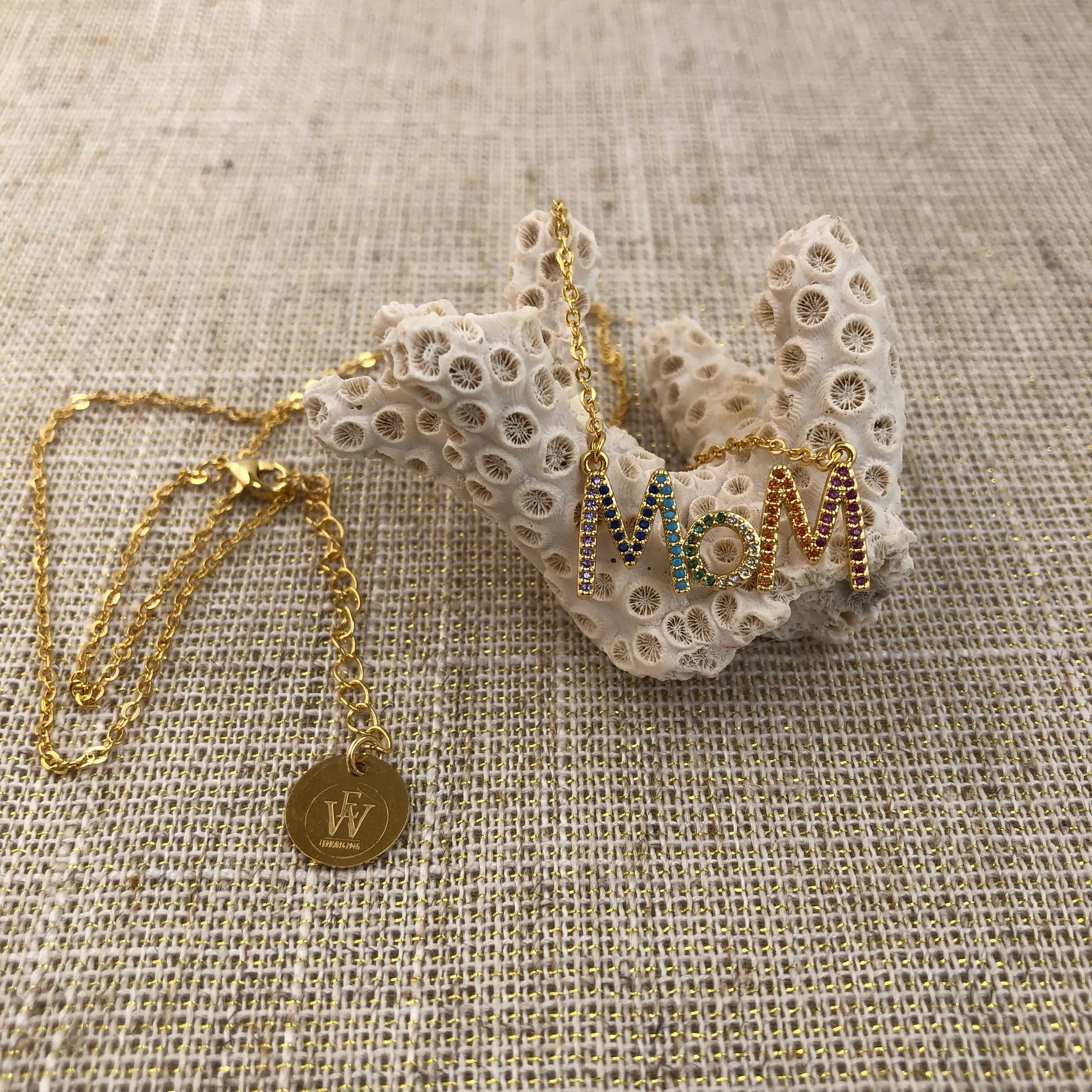 Chain with a multicolor cz pave embellished Mom necklace 311-9 | Erika Williner Designs