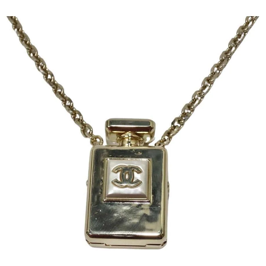 Chanel CC Gold Tone Perfume Bottle Locket Necklace