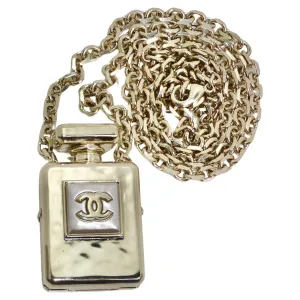 Chanel CC Gold Tone Perfume Bottle Locket Necklace