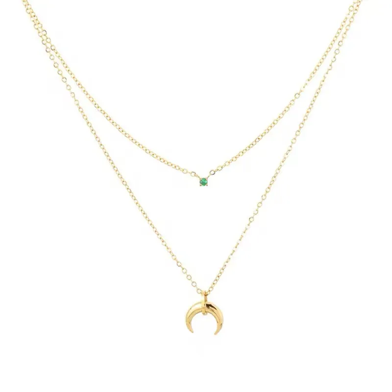 Charming Double Layer Chain Zircon Crescent Pendant Necklace