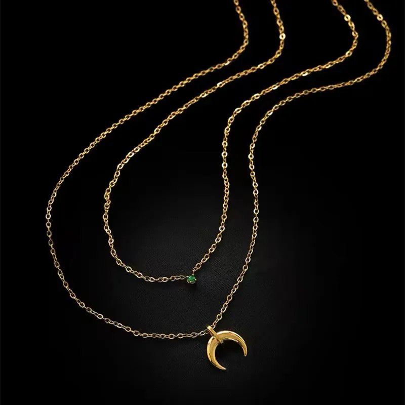 Charming Double Layer Chain Zircon Crescent Pendant Necklace