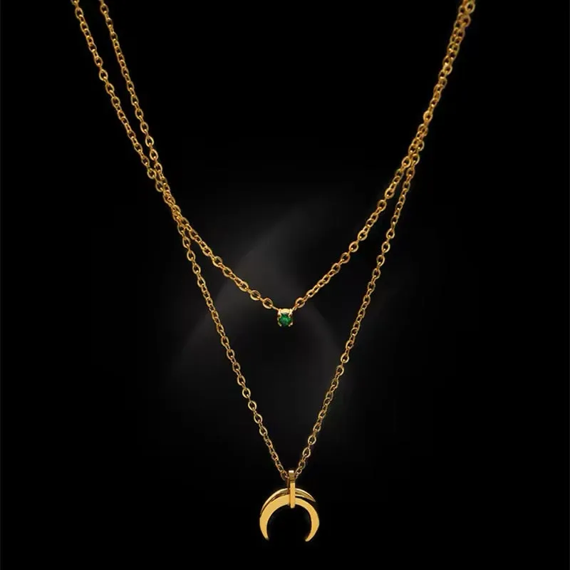 Charming Double Layer Chain Zircon Crescent Pendant Necklace