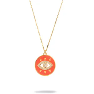 Cheerful Neon Pink Evil Eye & Diamond Pendant Gold Chain Necklace
