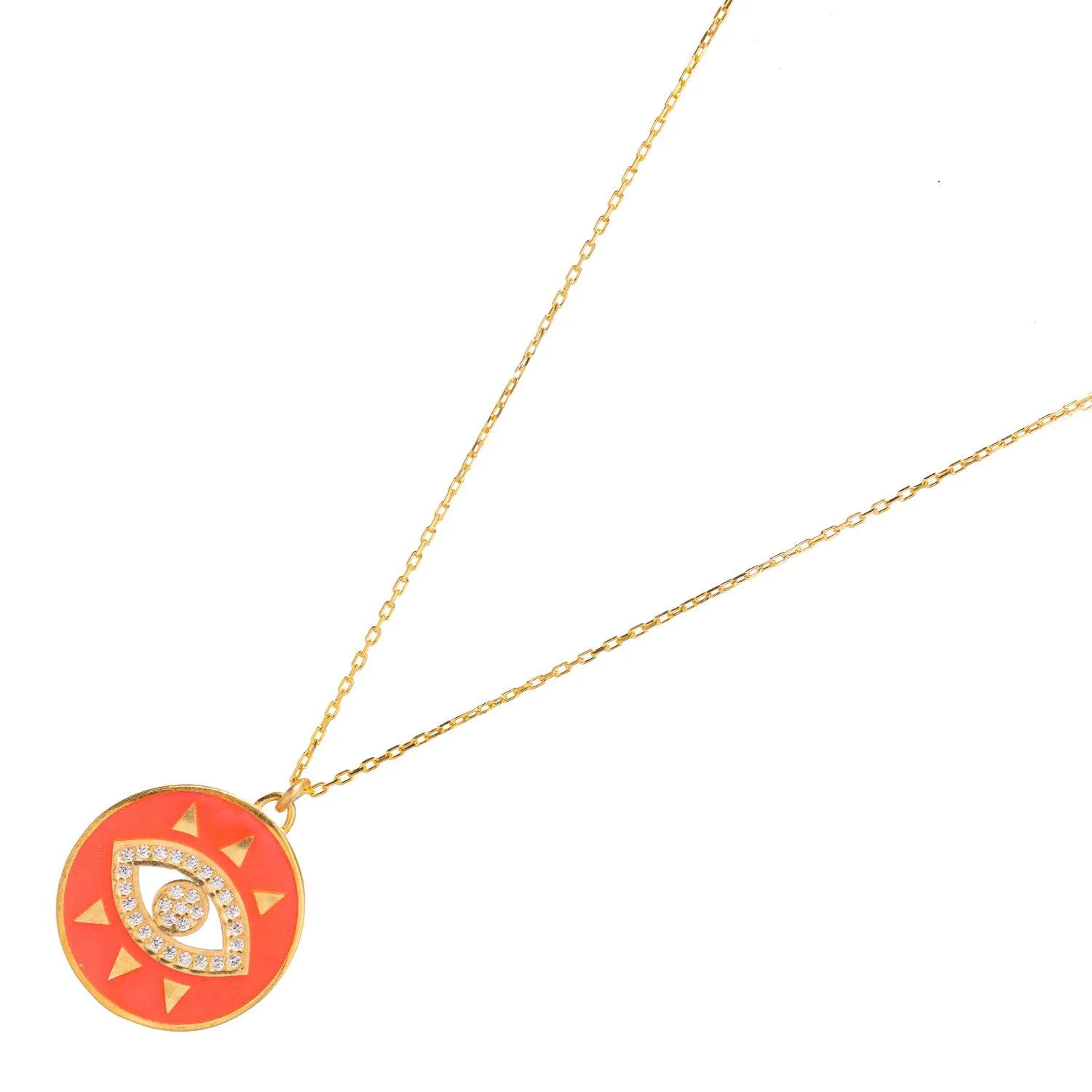 Cheerful Neon Pink Evil Eye & Diamond Pendant Gold Chain Necklace