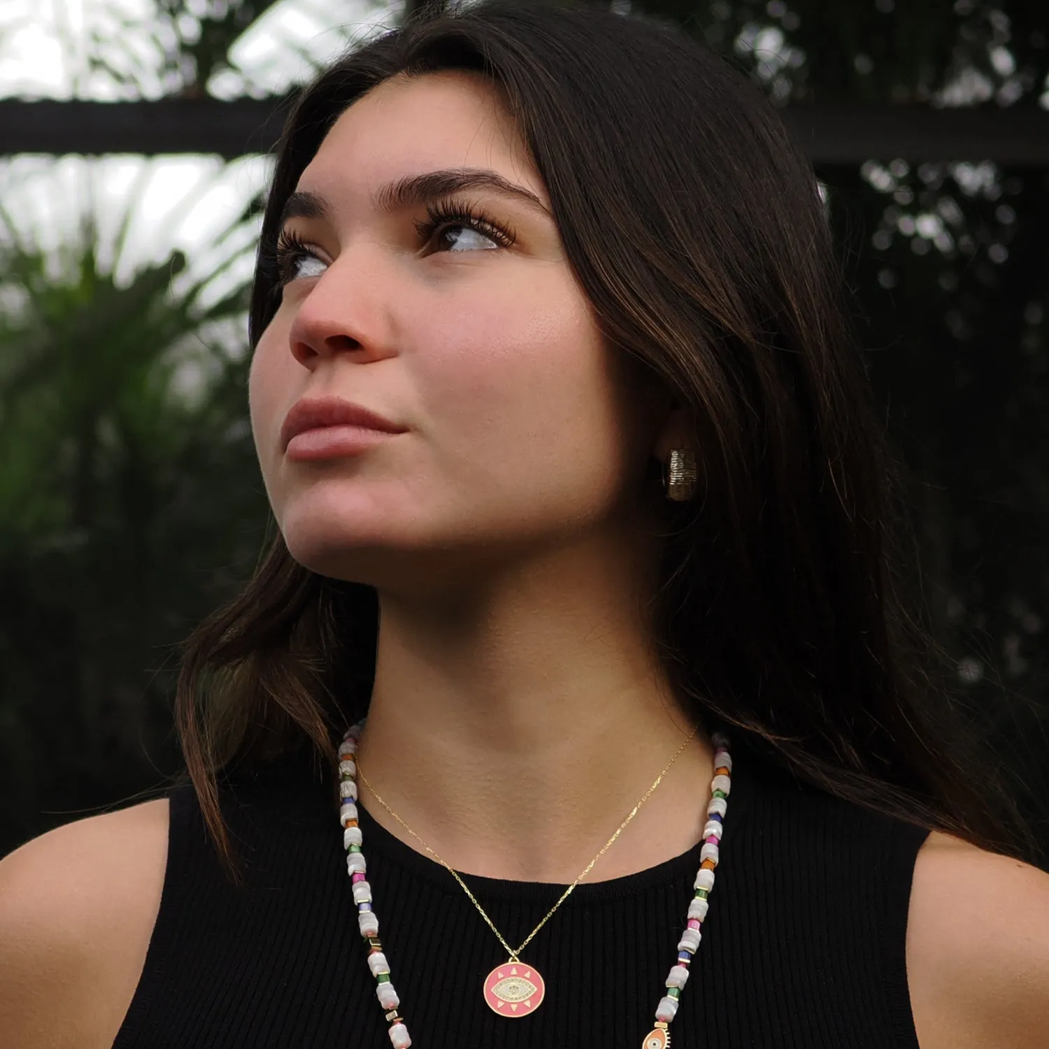 Cheerful Neon Pink Evil Eye & Diamond Pendant Gold Chain Necklace