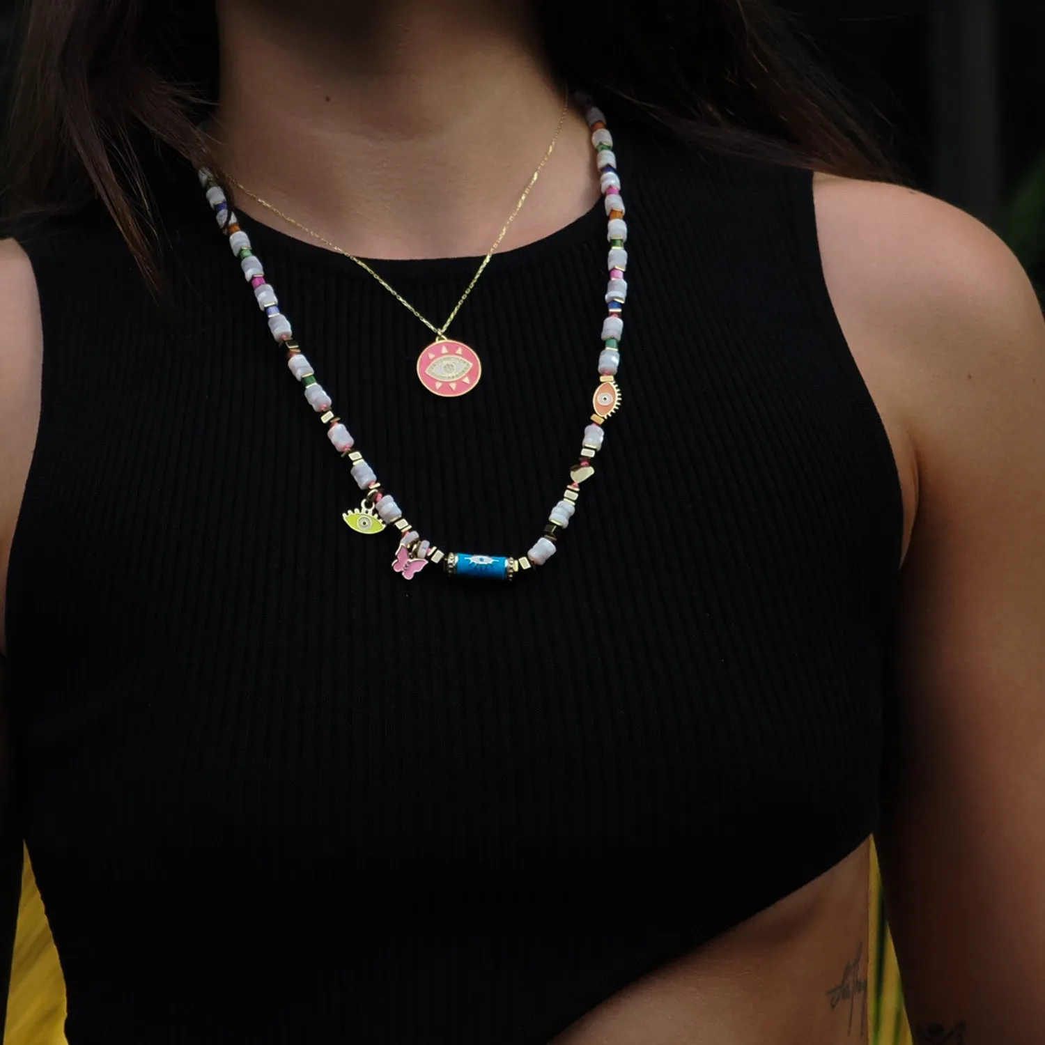 Cheerful Neon Pink Evil Eye & Diamond Pendant Gold Chain Necklace