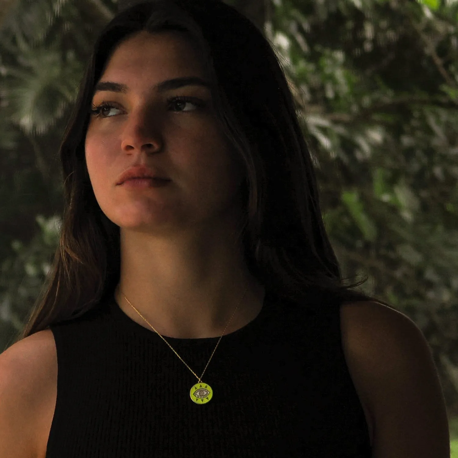 Cheerful Neon Yellow Evil Eye & Diamond Pendant Gold Chain Necklace