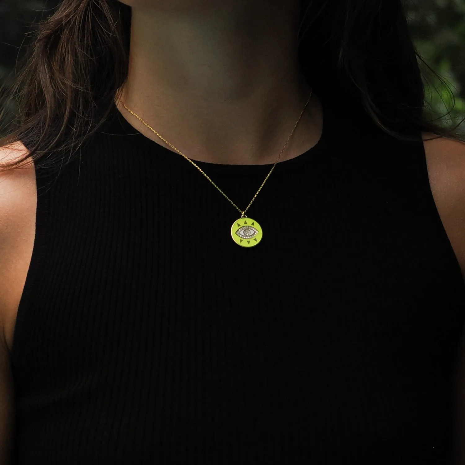 Cheerful Neon Yellow Evil Eye & Diamond Pendant Gold Chain Necklace