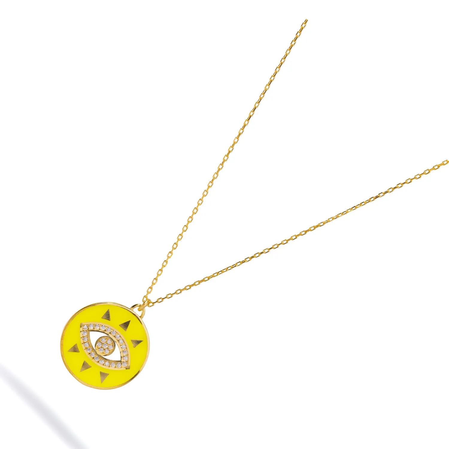 Cheerful Neon Yellow Evil Eye & Diamond Pendant Gold Chain Necklace