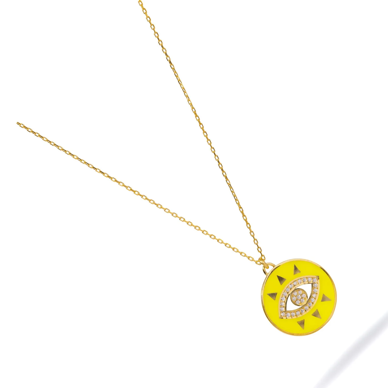 Cheerful Neon Yellow Evil Eye & Diamond Pendant Gold Chain Necklace