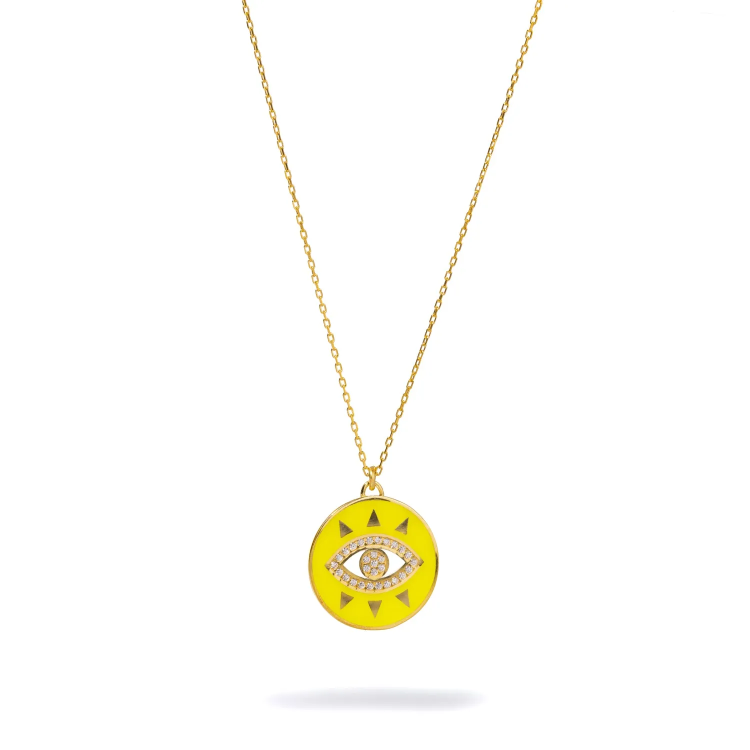 Cheerful Neon Yellow Evil Eye & Diamond Pendant Gold Chain Necklace