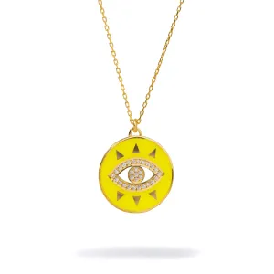 Cheerful Neon Yellow Evil Eye & Diamond Pendant Gold Chain Necklace