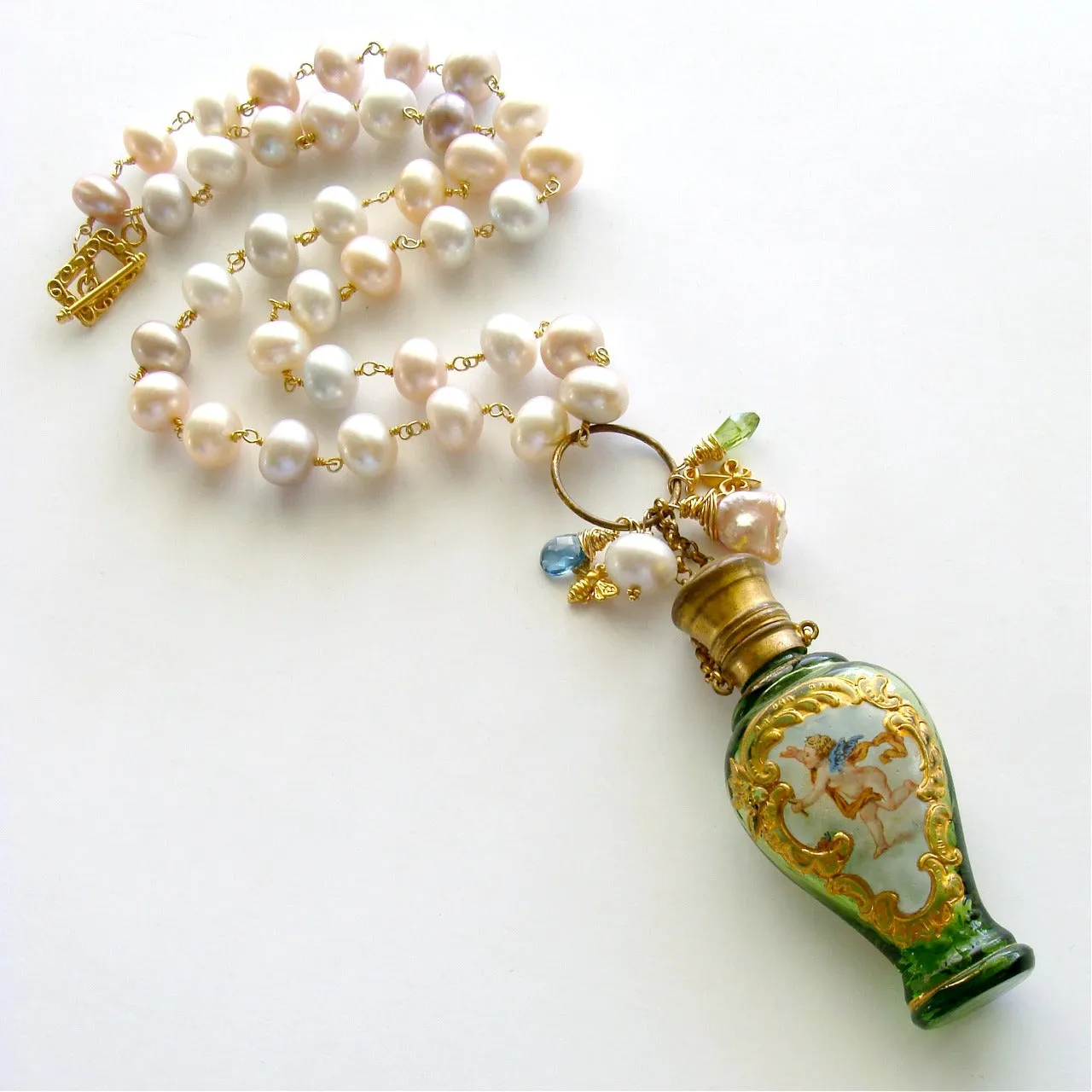 Cherub Chatelaine Scent Bottle Pink Baroque Pearls Necklace - Claudette Necklace