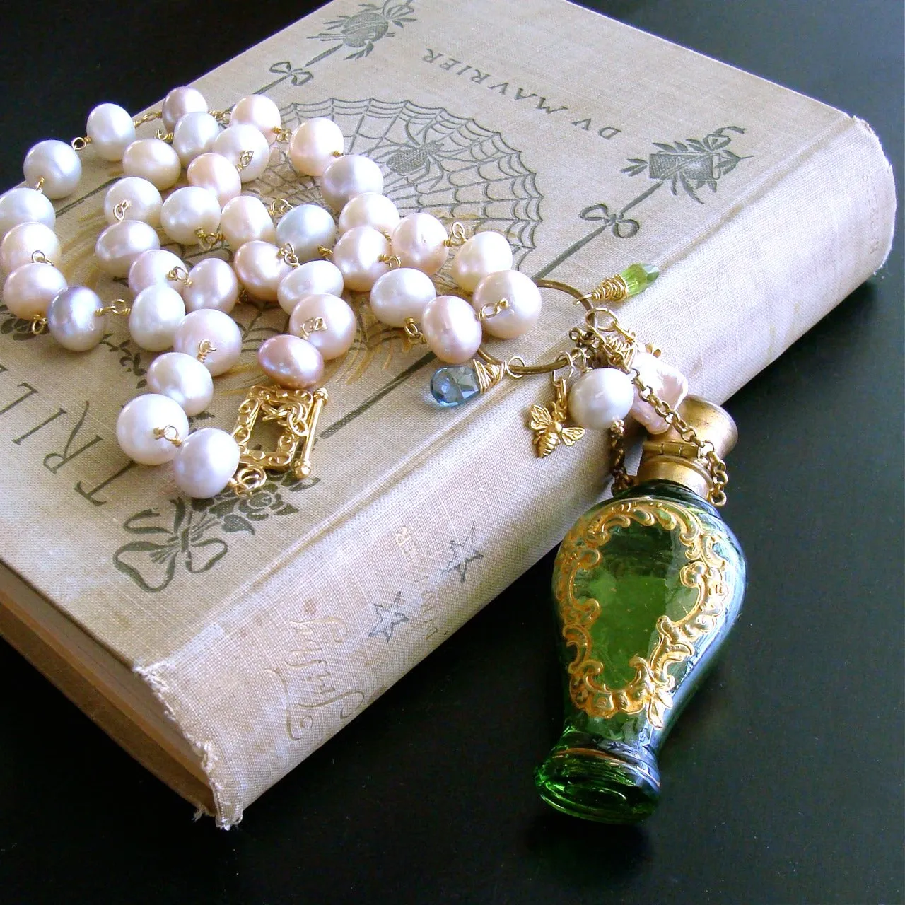 Cherub Chatelaine Scent Bottle Pink Baroque Pearls Necklace - Claudette Necklace