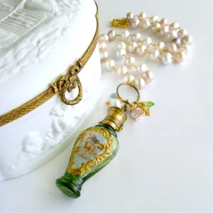 Cherub Chatelaine Scent Bottle Pink Baroque Pearls Necklace - Claudette Necklace