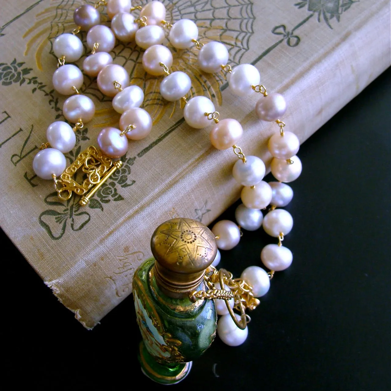 Cherub Chatelaine Scent Bottle Pink Baroque Pearls Necklace - Claudette Necklace