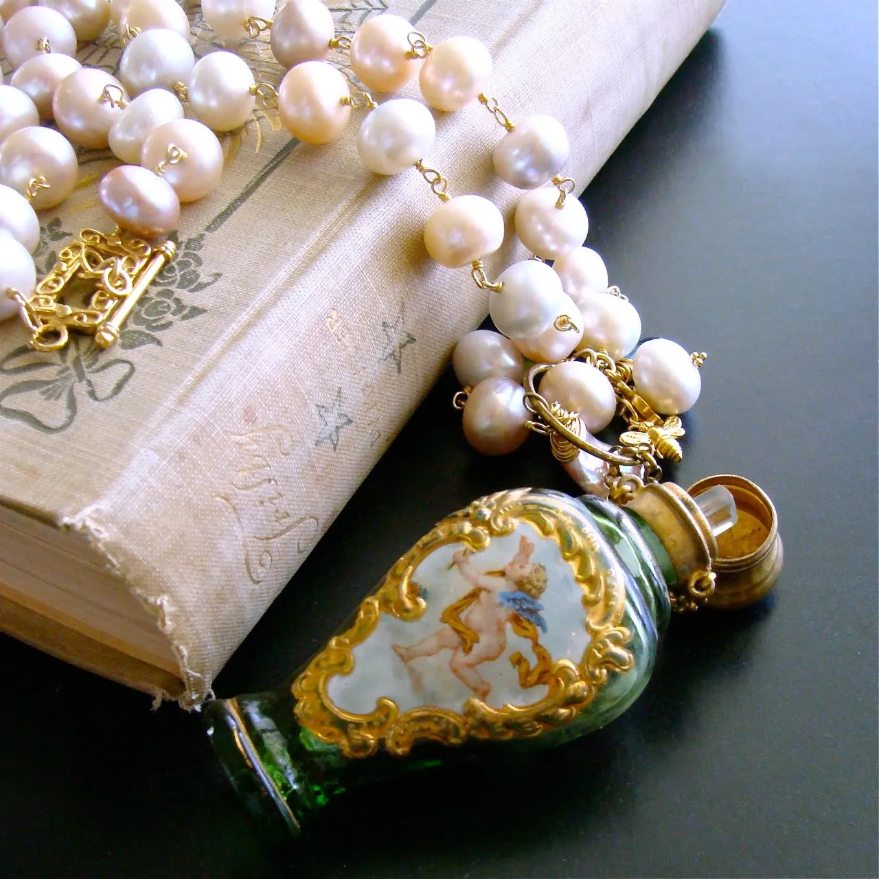 Cherub Chatelaine Scent Bottle Pink Baroque Pearls Necklace - Claudette Necklace