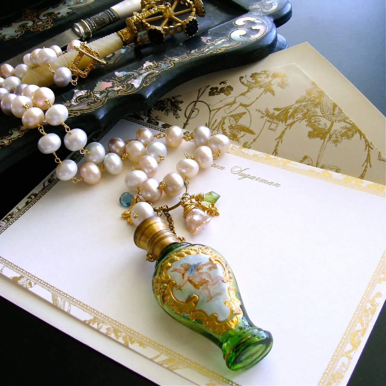Cherub Chatelaine Scent Bottle Pink Baroque Pearls Necklace - Claudette Necklace