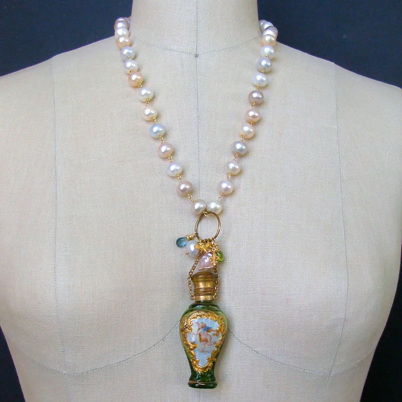 Cherub Chatelaine Scent Bottle Pink Baroque Pearls Necklace - Claudette Necklace