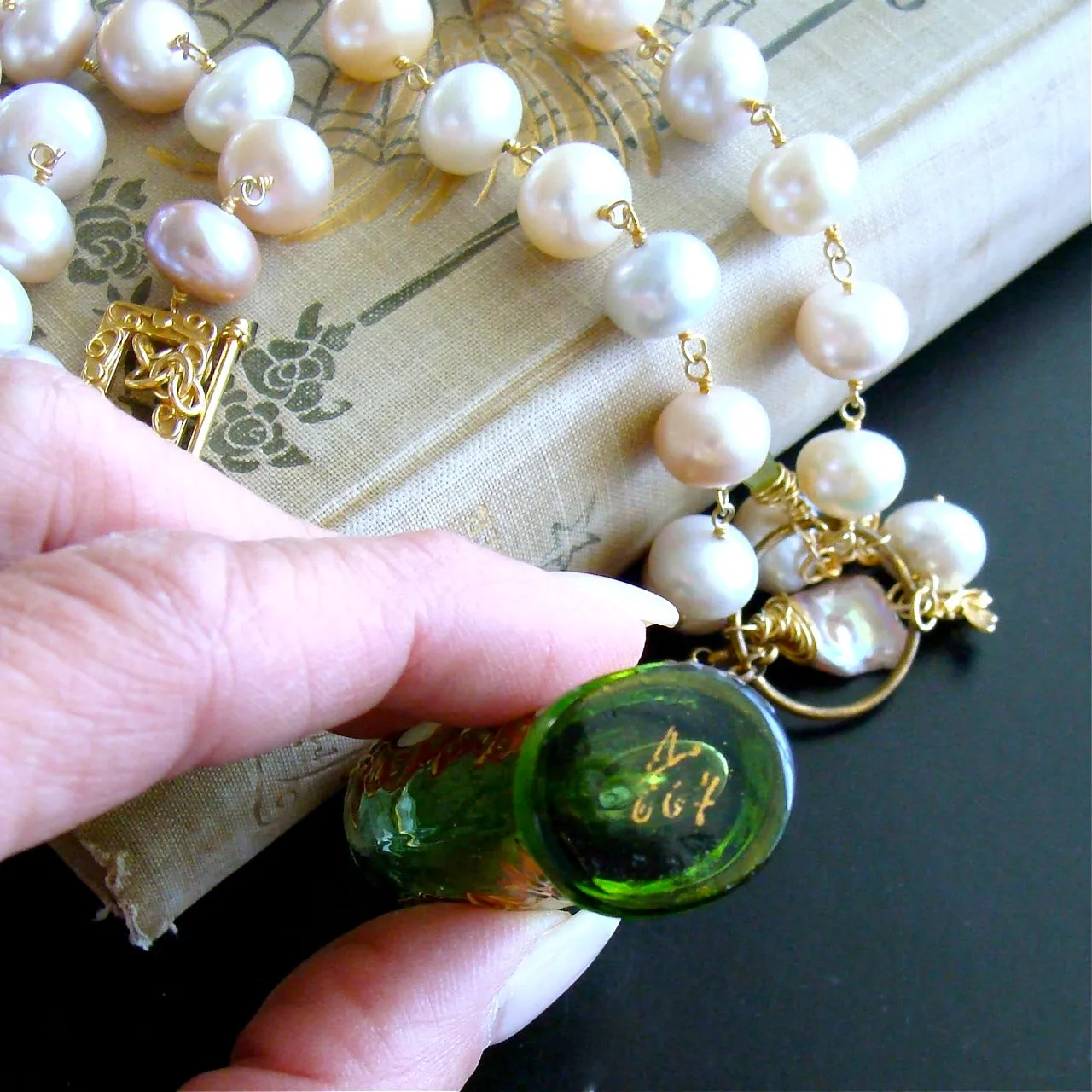 Cherub Chatelaine Scent Bottle Pink Baroque Pearls Necklace - Claudette Necklace