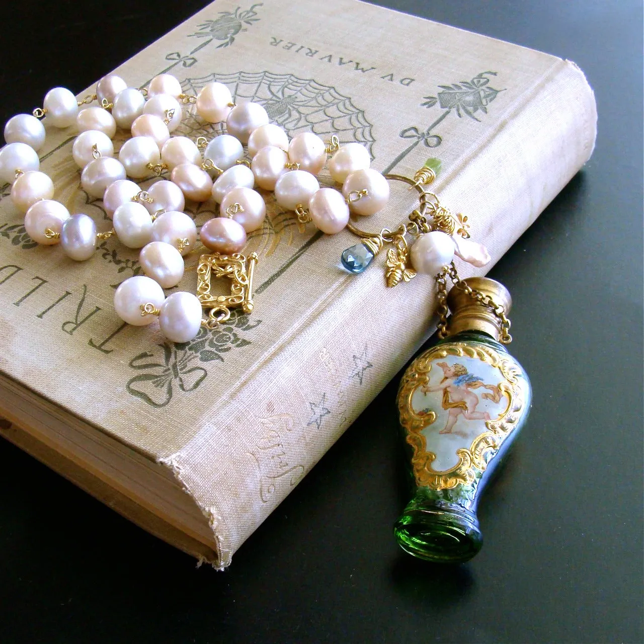 Cherub Chatelaine Scent Bottle Pink Baroque Pearls Necklace - Claudette Necklace