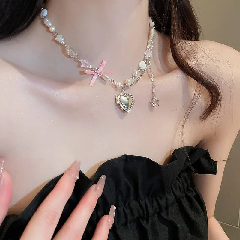 Chic CZ Inlaid Heart Locket Pendant Star Pearl Chain Necklace