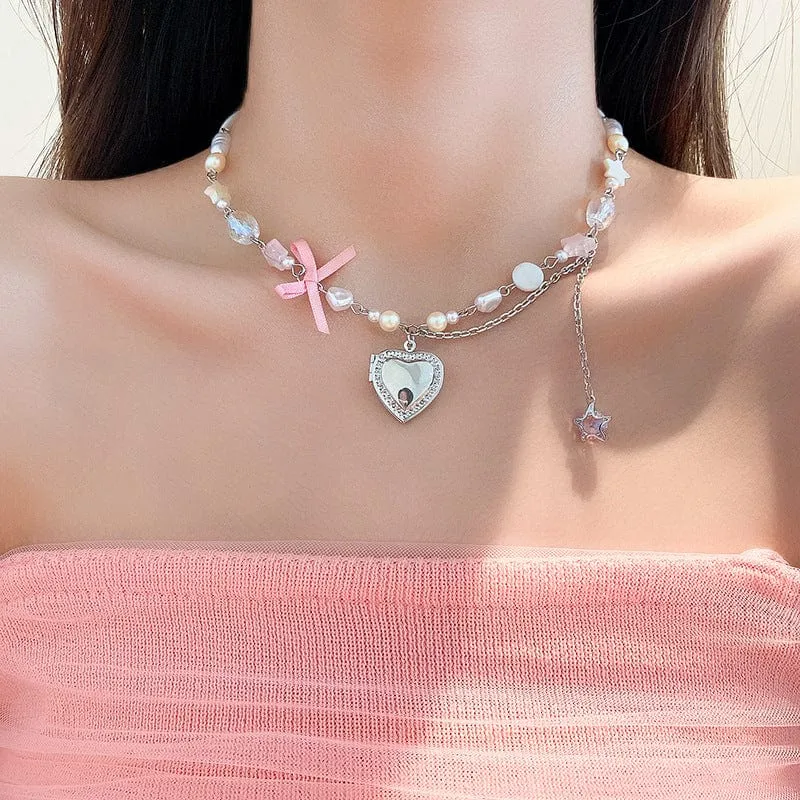 Chic CZ Inlaid Heart Locket Pendant Star Pearl Chain Necklace