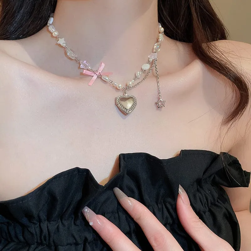 Chic CZ Inlaid Heart Locket Pendant Star Pearl Chain Necklace