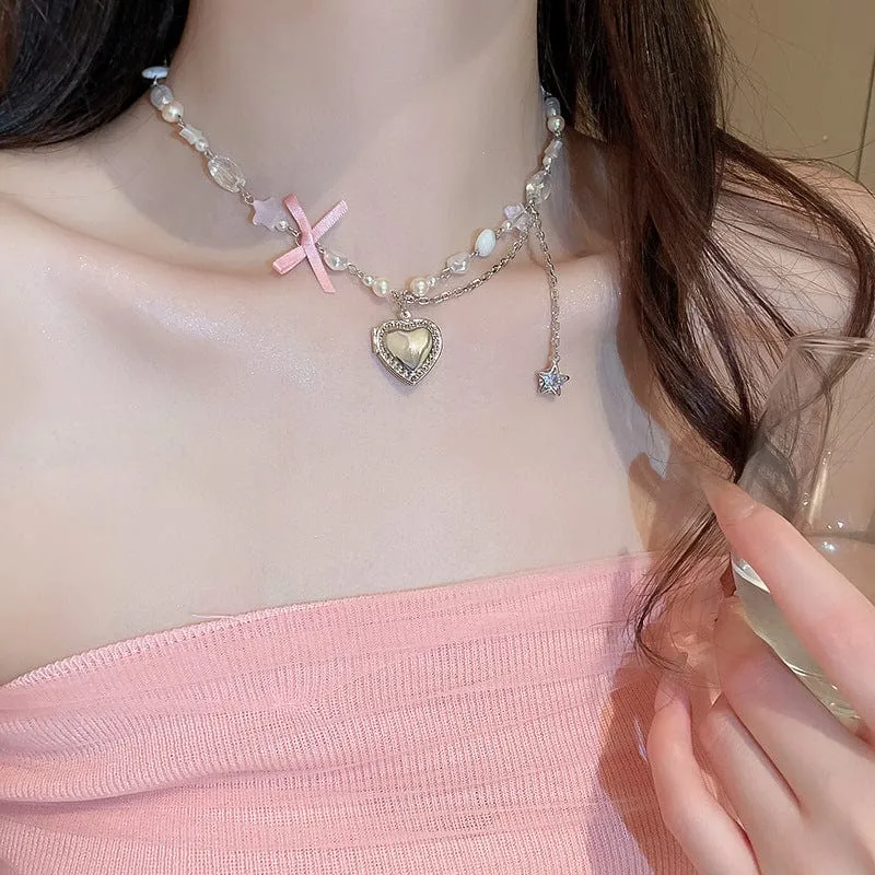 Chic CZ Inlaid Heart Locket Pendant Star Pearl Chain Necklace