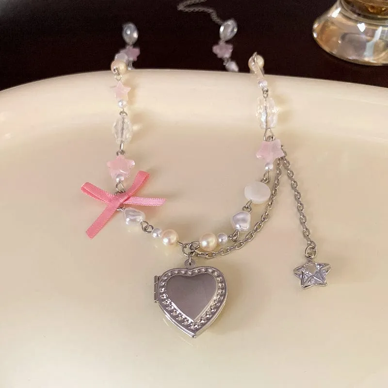 Chic CZ Inlaid Heart Locket Pendant Star Pearl Chain Necklace