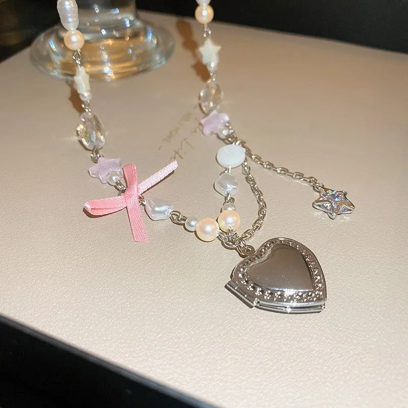 Chic CZ Inlaid Heart Locket Pendant Star Pearl Chain Necklace
