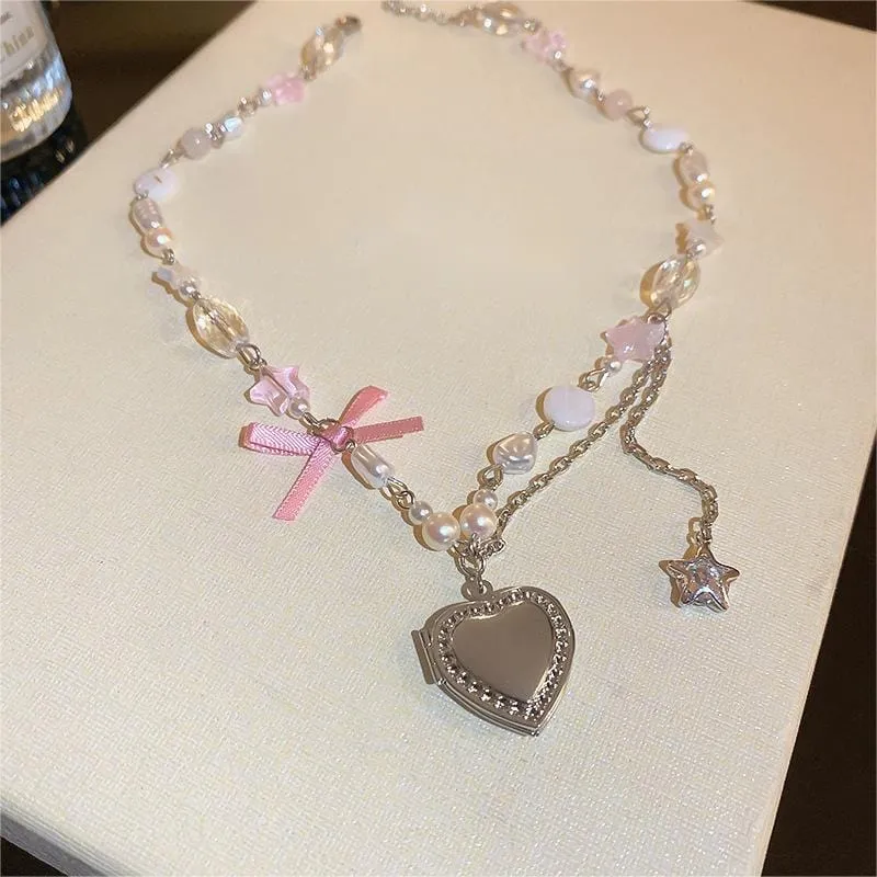 Chic CZ Inlaid Heart Locket Pendant Star Pearl Chain Necklace