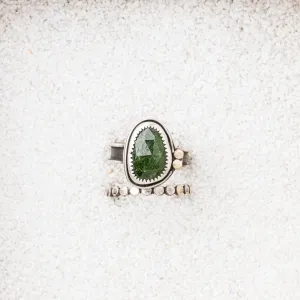 Chrome Diopside Ring with Bronze Discs on Channel Band