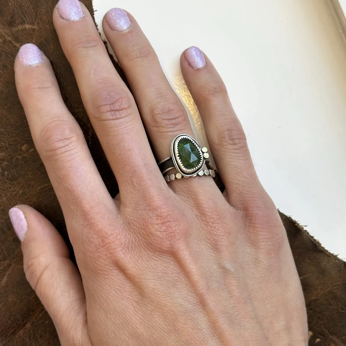 Chrome Diopside Ring with Bronze Discs on Channel Band