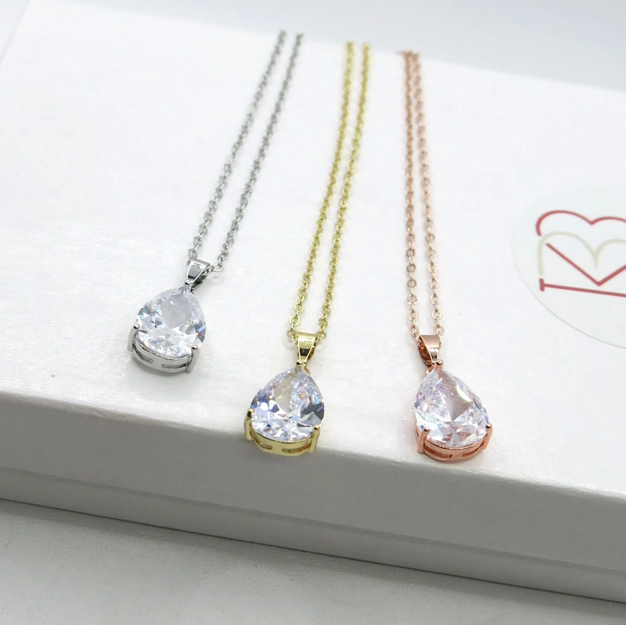 Clear Crystal Solitaire CZ Pendant Necklace, Wedding Bridal or Bridesmaid Teardrop Fashion Diamond Necklace, Gold Plated Chain Necklace