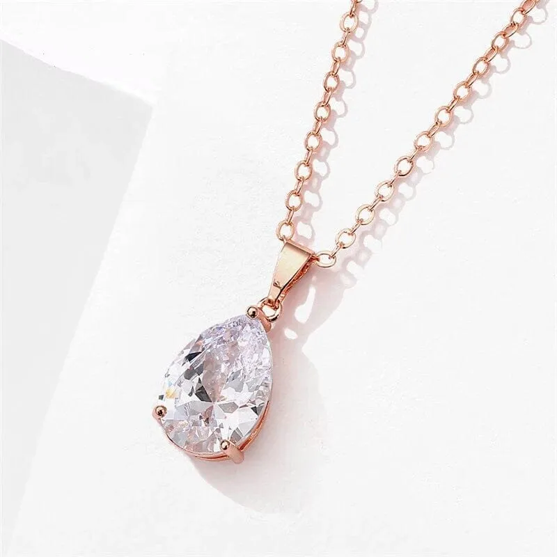 Clear Crystal Solitaire CZ Pendant Necklace, Wedding Bridal or Bridesmaid Teardrop Fashion Diamond Necklace, Gold Plated Chain Necklace