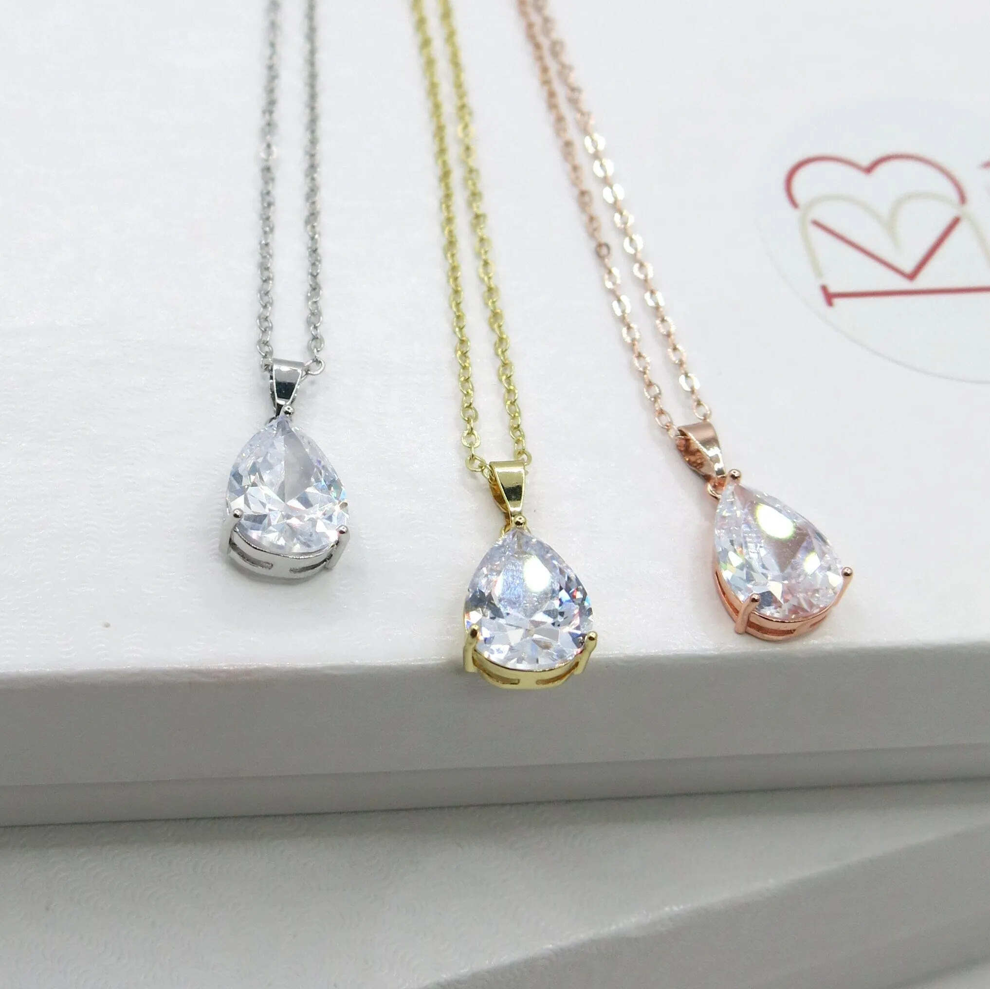 Clear Crystal Solitaire CZ Pendant Necklace, Wedding Bridal or Bridesmaid Teardrop Fashion Diamond Necklace, Gold Plated Chain Necklace