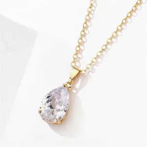 Clear Crystal Solitaire CZ Pendant Necklace, Wedding Bridal or Bridesmaid Teardrop Fashion Diamond Necklace, Gold Plated Chain Necklace