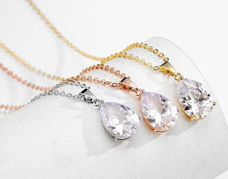 Clear Crystal Solitaire CZ Pendant Necklace, Wedding Bridal or Bridesmaid Teardrop Fashion Diamond Necklace, Gold Plated Chain Necklace
