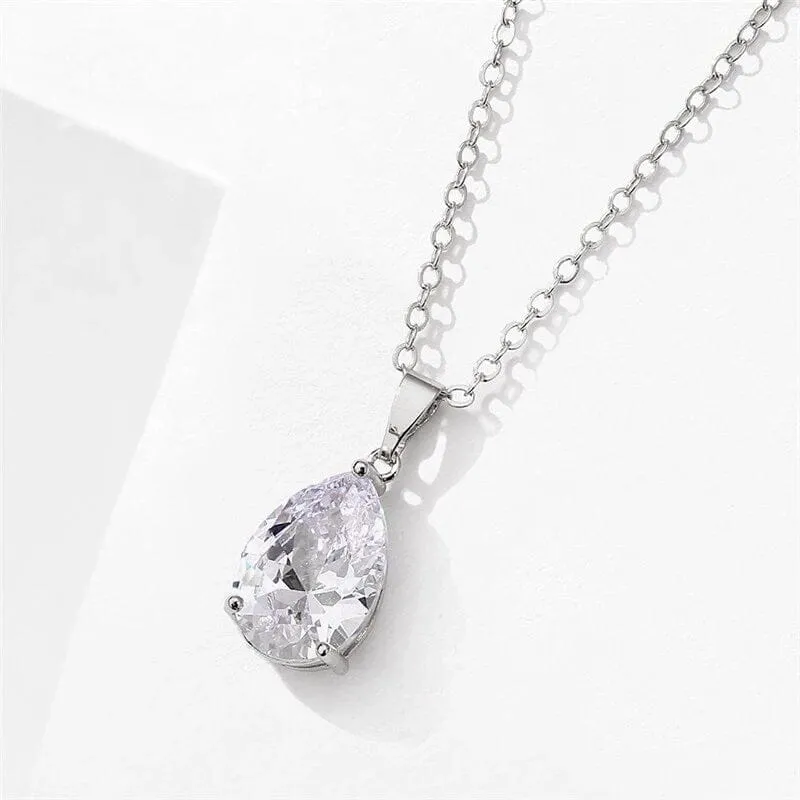 Clear Crystal Solitaire CZ Pendant Necklace, Wedding Bridal or Bridesmaid Teardrop Fashion Diamond Necklace, Gold Plated Chain Necklace
