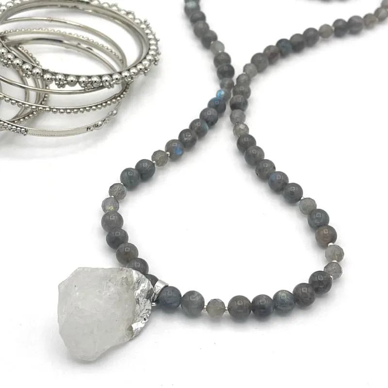 Clear Quartz Pendant Necklace with Labradorite Gemstones