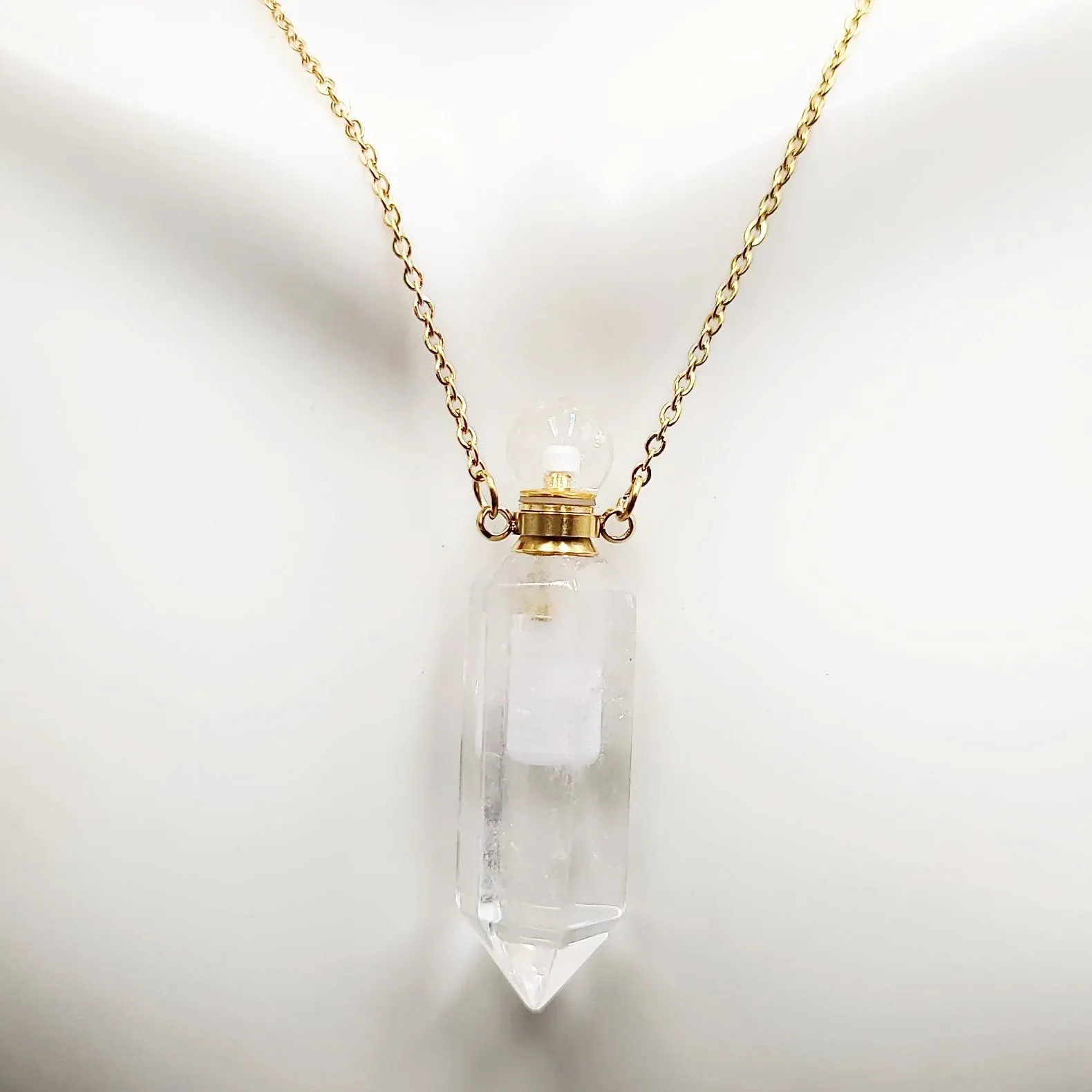 Clear Quartz Point Bottle Pendant Necklace Holder Perfume Oils Incense Ashes