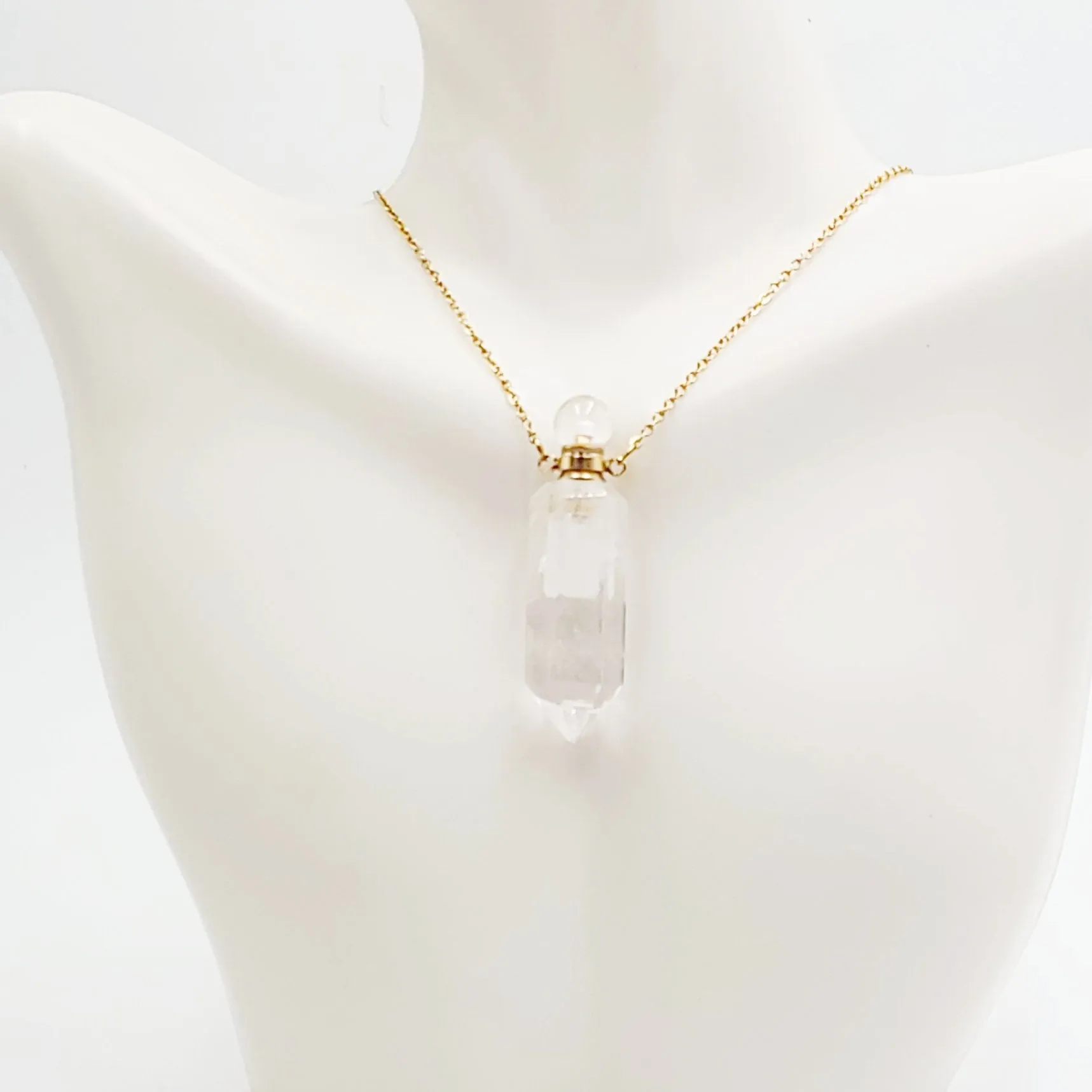 Clear Quartz Point Bottle Pendant Necklace Holder Perfume Oils Incense Ashes