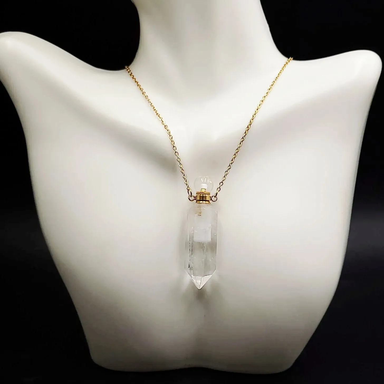 Clear Quartz Point Bottle Pendant Necklace Holder Perfume Oils Incense Ashes